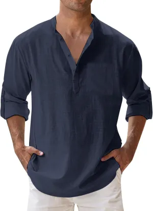 Men's Long Sleeve Shirt Linen Roll Up Cotton Beach Casual Shirts Henley T-Shirt Band Collar Vacation Tops with Pocket