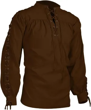 Mens Medieval Shirt Long Sleeve Gothic Top Steampunk Shirts Lace Up Pullover Cosplay Clothes Vintage Tees Blouses