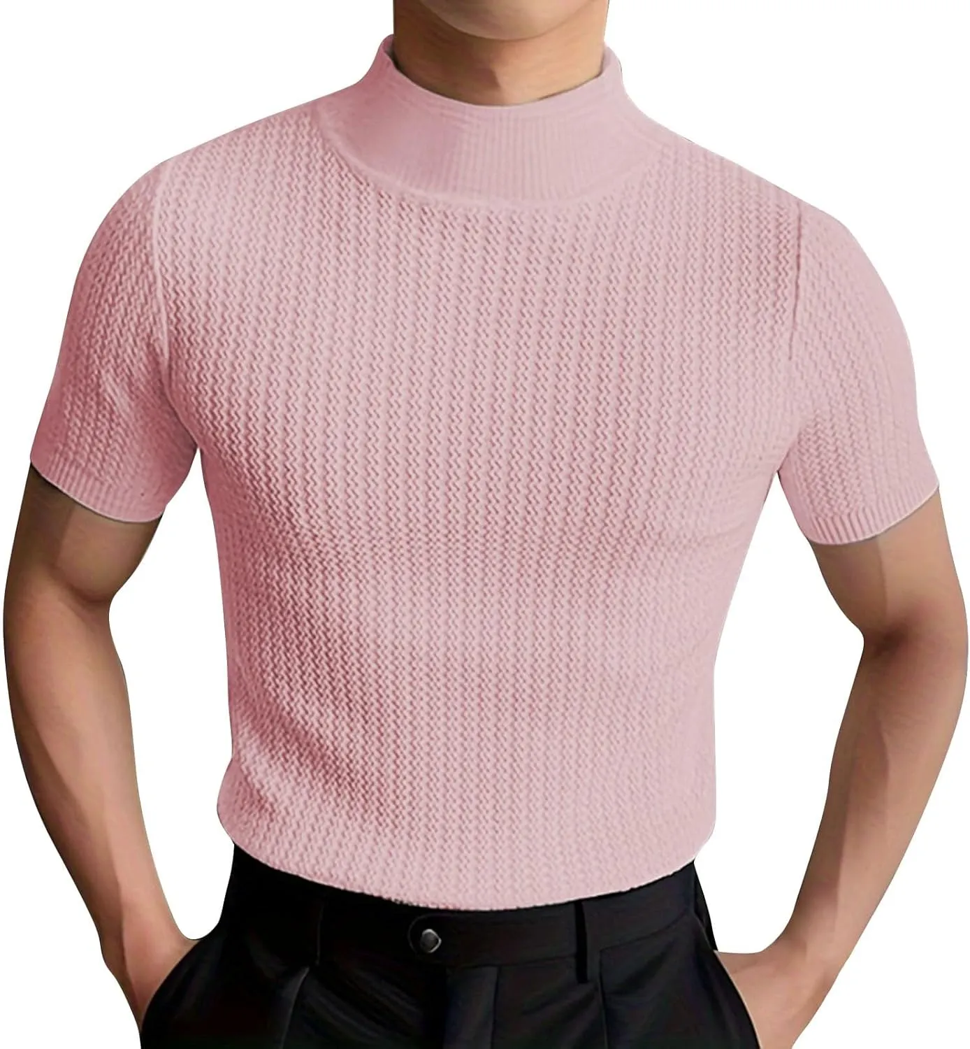 Men's Mock Turtleneck Sweater Trendy Knit Short Sleeve T Shirts Ribbed Knit Pullover Slim Fit Basic Solid Tees 2025