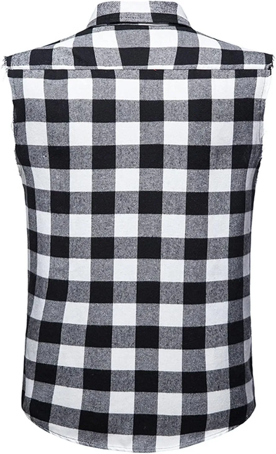 Men's Plaid Flannel Sleeveless Shirts Button Down Casual Hippie Cowboy Vest Tops Slim Fit Muscle Vintage Cut Off T Shirt