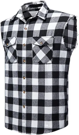 Men's Plaid Flannel Sleeveless Shirts Button Down Casual Hippie Cowboy Vest Tops Slim Fit Muscle Vintage Cut Off T Shirt