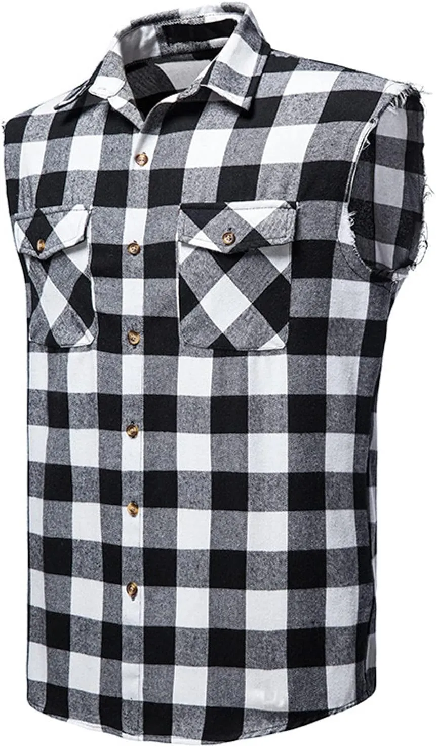 Men's Plaid Flannel Sleeveless Shirts Button Down Casual Hippie Cowboy Vest Tops Slim Fit Muscle Vintage Cut Off T Shirt
