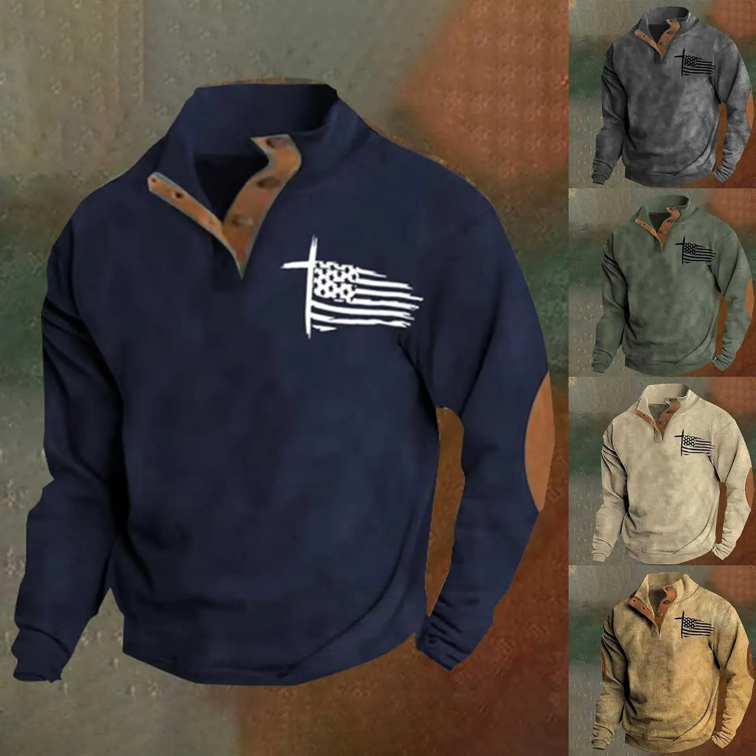 Men's Quarter Button Sweatshirt Vintage American Flag Graphic Long Sleeve Stand Collar Patchwork Pullover Sweaters