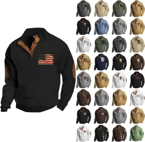 Men's Quarter Button Sweatshirt Vintage American Flag Graphic Long Sleeve Stand Collar Patchwork Pullover Sweaters