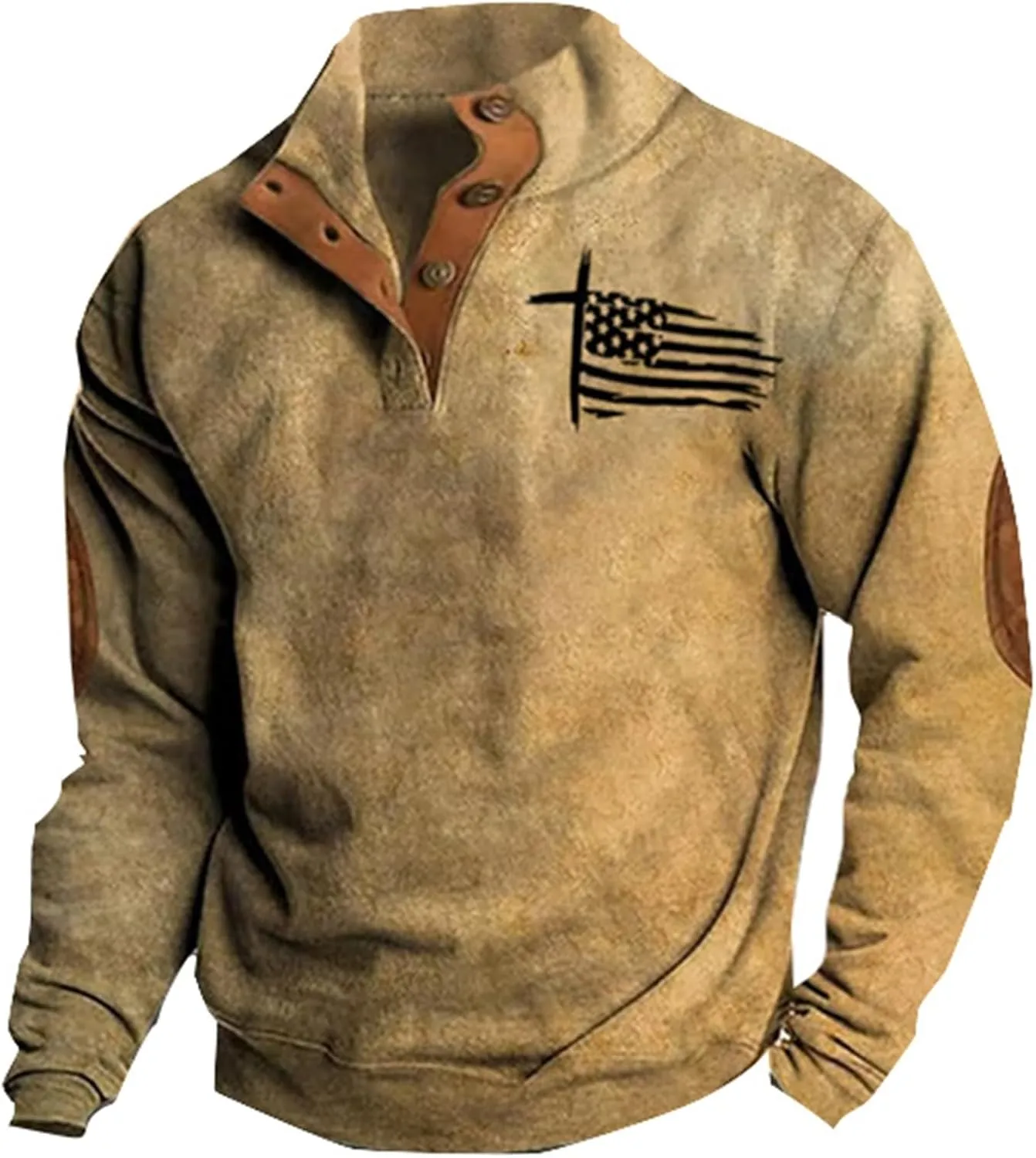 Men's Quarter Button Sweatshirt Vintage American Flag Graphic Long Sleeve Stand Collar Patchwork Pullover Sweaters