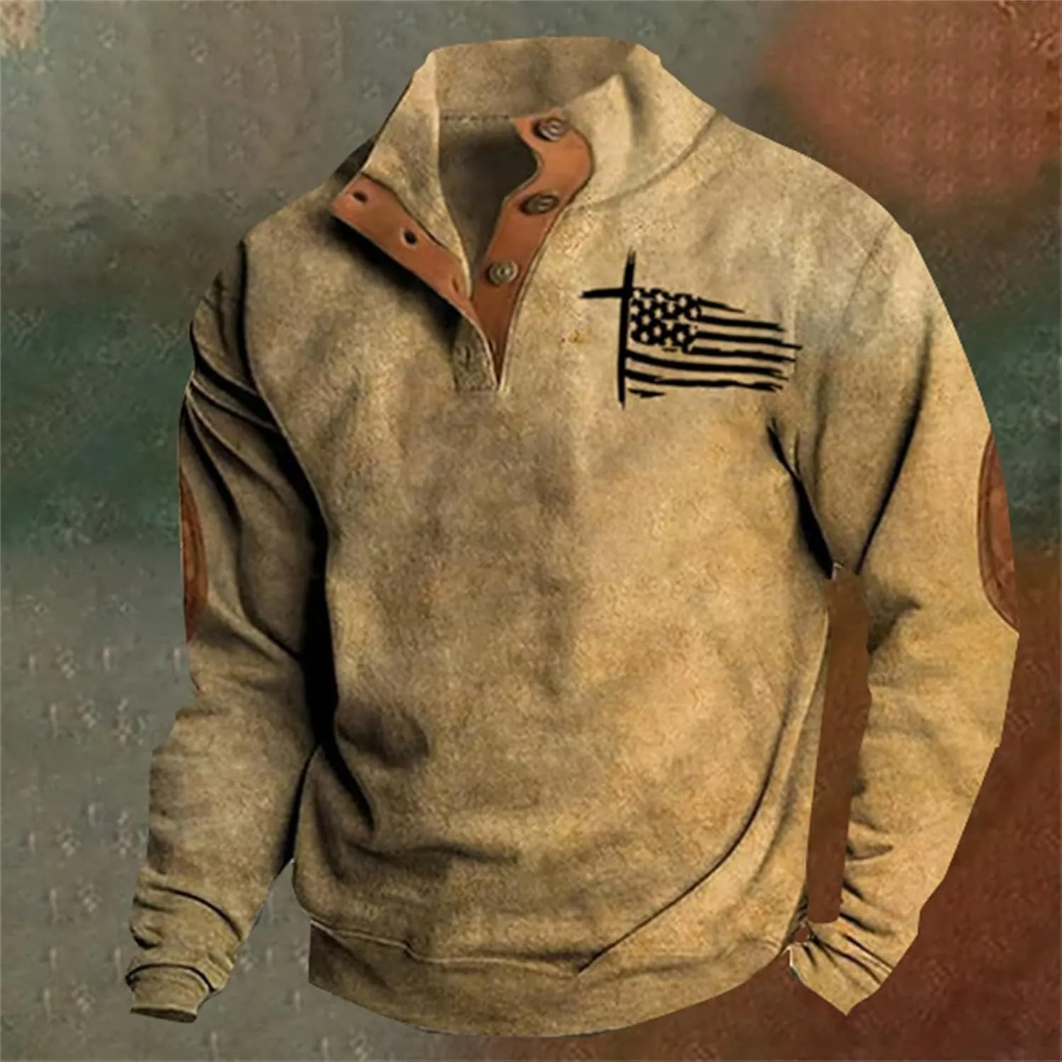 Men's Quarter Button Sweatshirt Vintage American Flag Graphic Long Sleeve Stand Collar Patchwork Pullover Sweaters