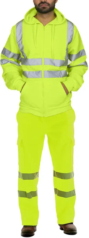 Men's Reflective Hoodie Jacket and Cargo Pants Sets High Visibility Worker Safety Suits for Road Work