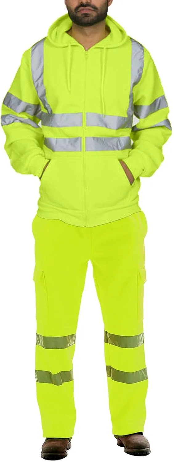 Men's Reflective Hoodie Jacket and Cargo Pants Sets High Visibility Worker Safety Suits for Road Work