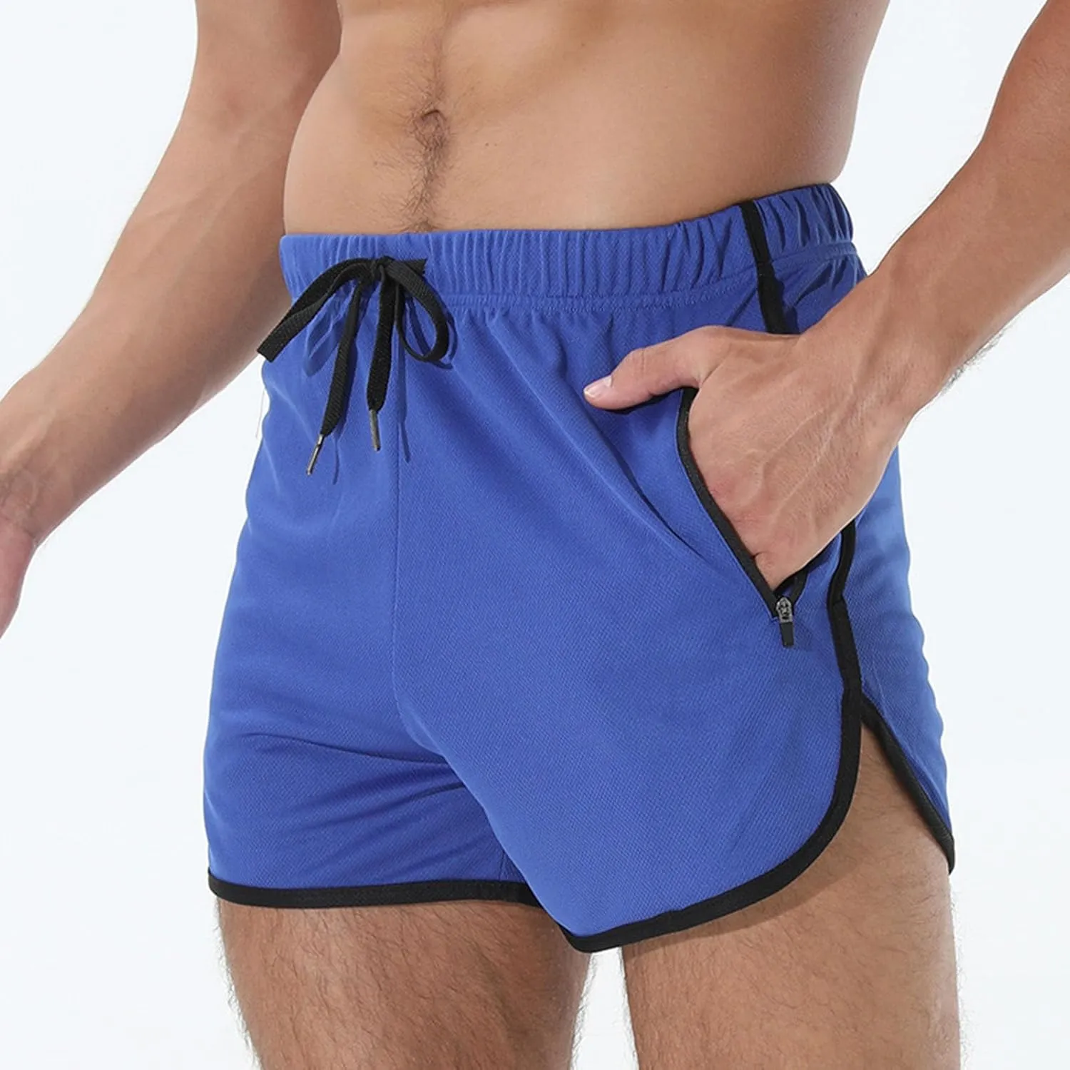 Men's Running Shorts Drawstring Bodybuilding Short Breathing Quick Dry Workout Training Pants with Zipper Pockets