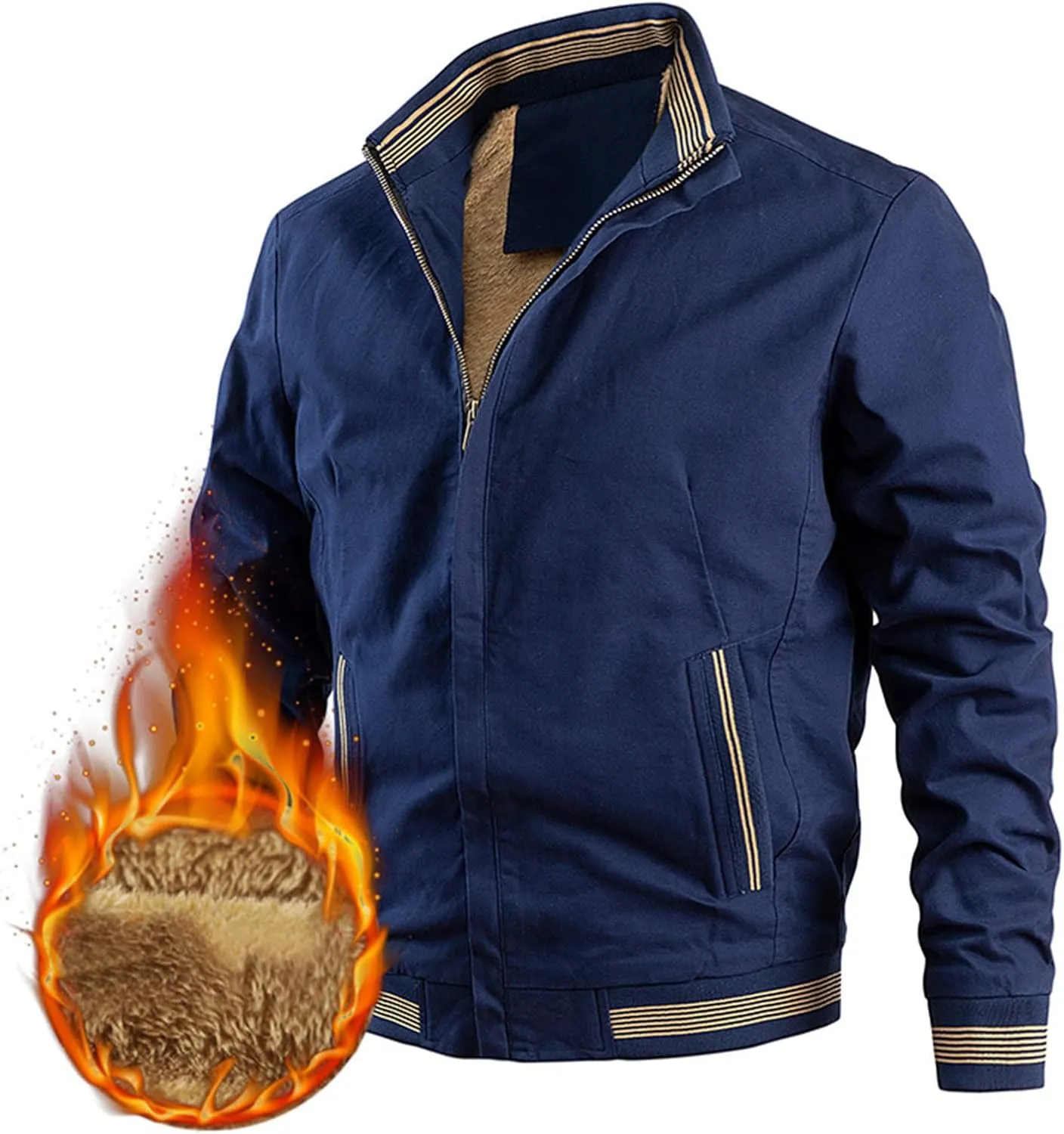 Mens Sherpa Lined Jacket Outdoor Recreation Work Cargo Coats Winter Stand Collar Bomber Jacket Full-Zip Outerwear