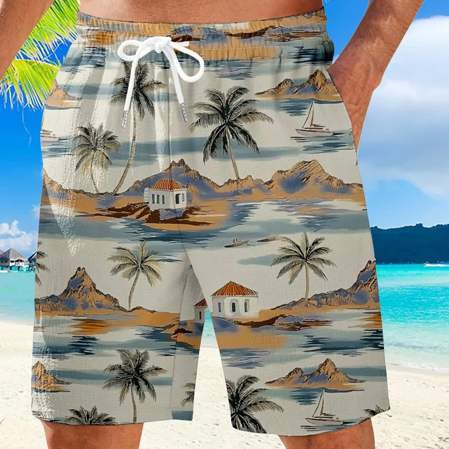 Mens Shorts Summer Hawaii Printed Elastic Waist Drawstring Casual Pants Baggy Lightweight Boho Beach Shorts Plus Size