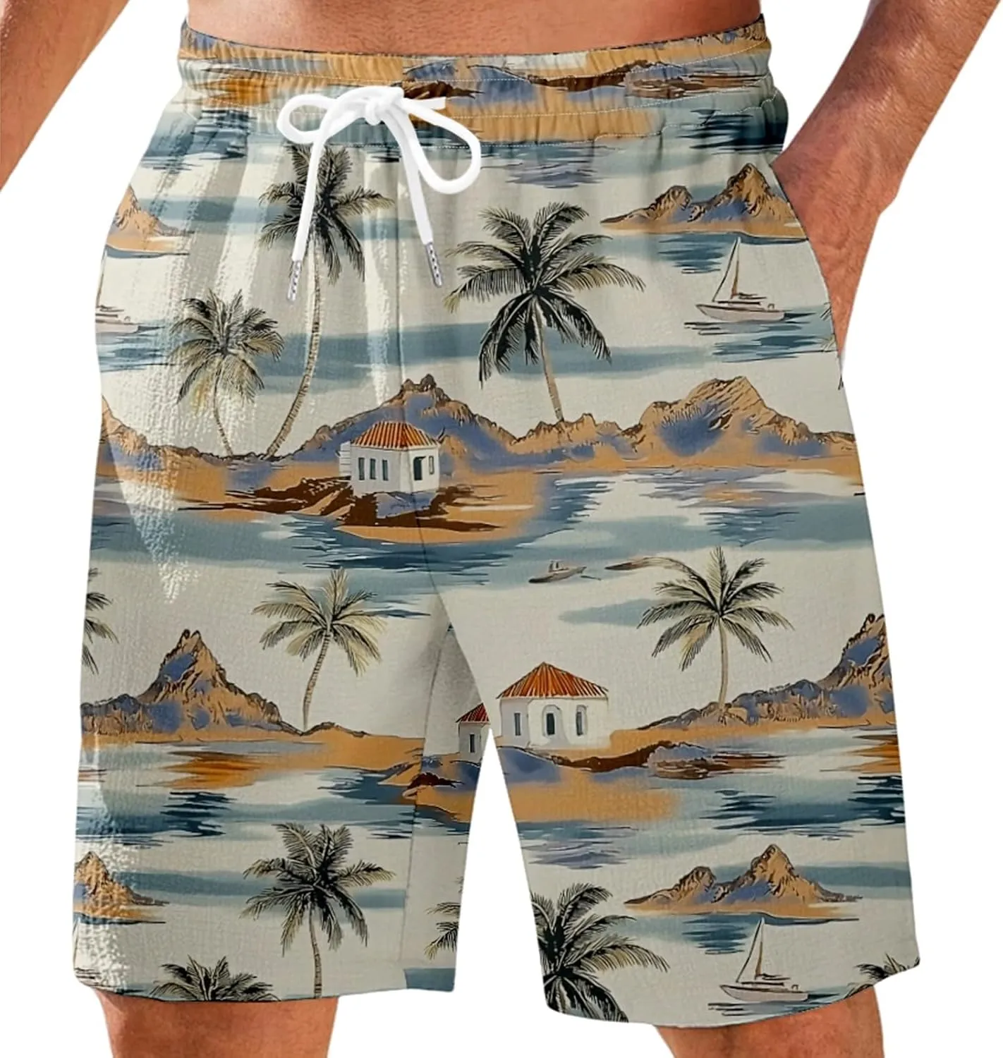 Mens Shorts Summer Hawaii Printed Elastic Waist Drawstring Casual Pants Baggy Lightweight Boho Beach Shorts Plus Size