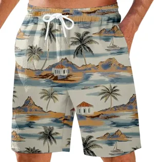 Mens Shorts Summer Hawaii Printed Elastic Waist Drawstring Casual Pants Baggy Lightweight Boho Beach Shorts Plus Size