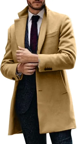Mens Single Breasted Duffle Trench Coat Mid Length Winter Warm Winbreaker Pea Coat Notch Lapel Long Casual Overcoat