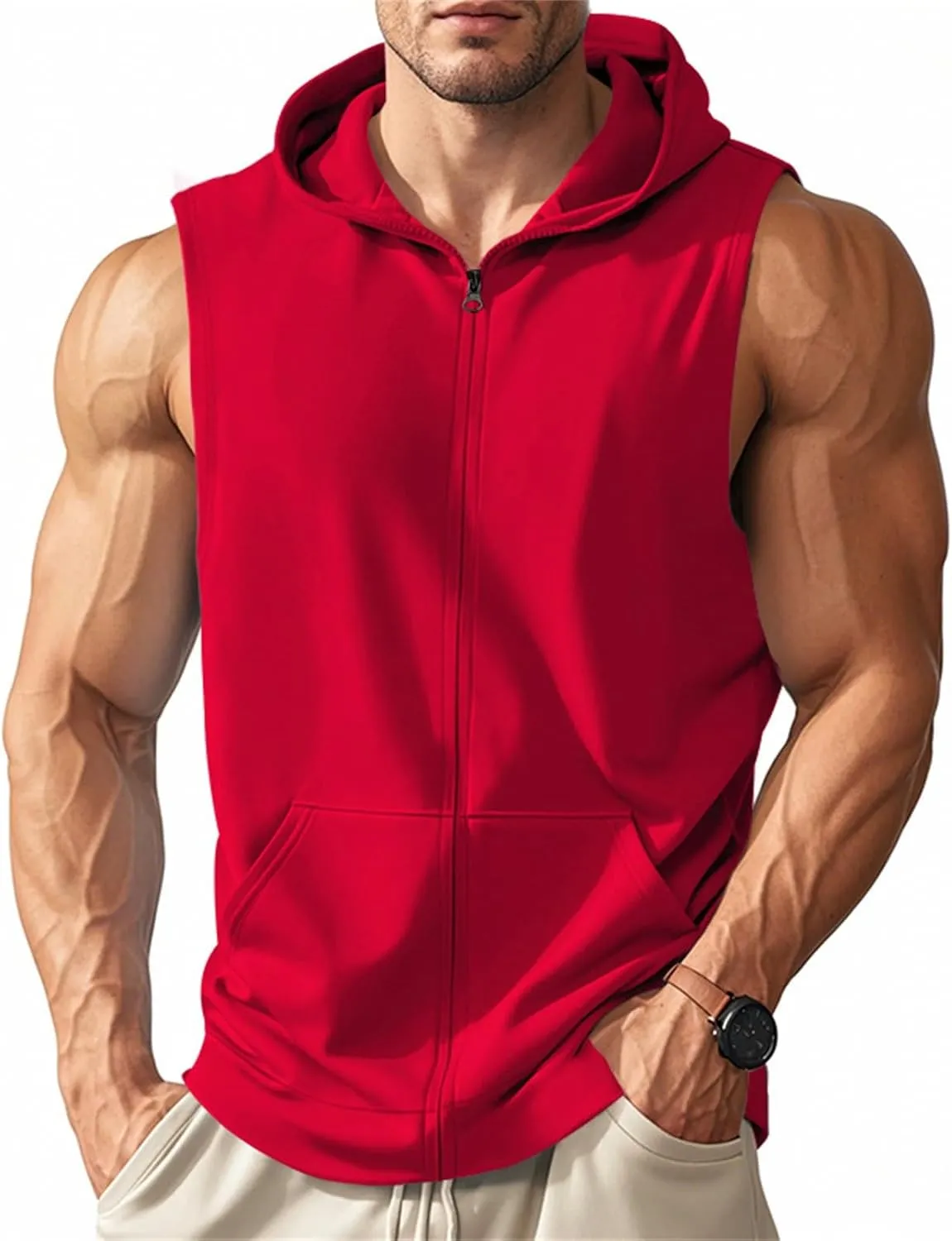 Men's Sleeveless Hooded Tank Tops Athletic Gym Workout Full Zip Vest Shirts Lightweight Dry fit Muscle Cut Off T-Shirt