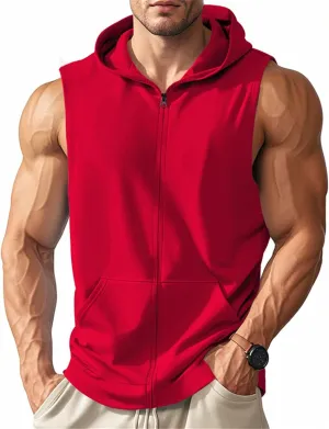 Men's Sleeveless Hooded Tank Tops Athletic Gym Workout Full Zip Vest Shirts Lightweight Dry fit Muscle Cut Off T-Shirt