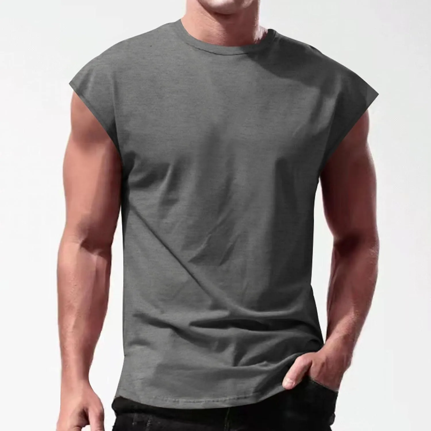 Men's Sleeveless Tank Tops Bodybuilding Gym Workout Cut Off Muscle Shirts Casual Acid Wash Cotton Beach Tee Shirt