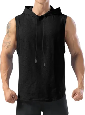 Men's Sleeveless Tank Tops with Hood Athletic Workout Gym Bodybuilding Pullover Summer Sport Basketball Vest Tops