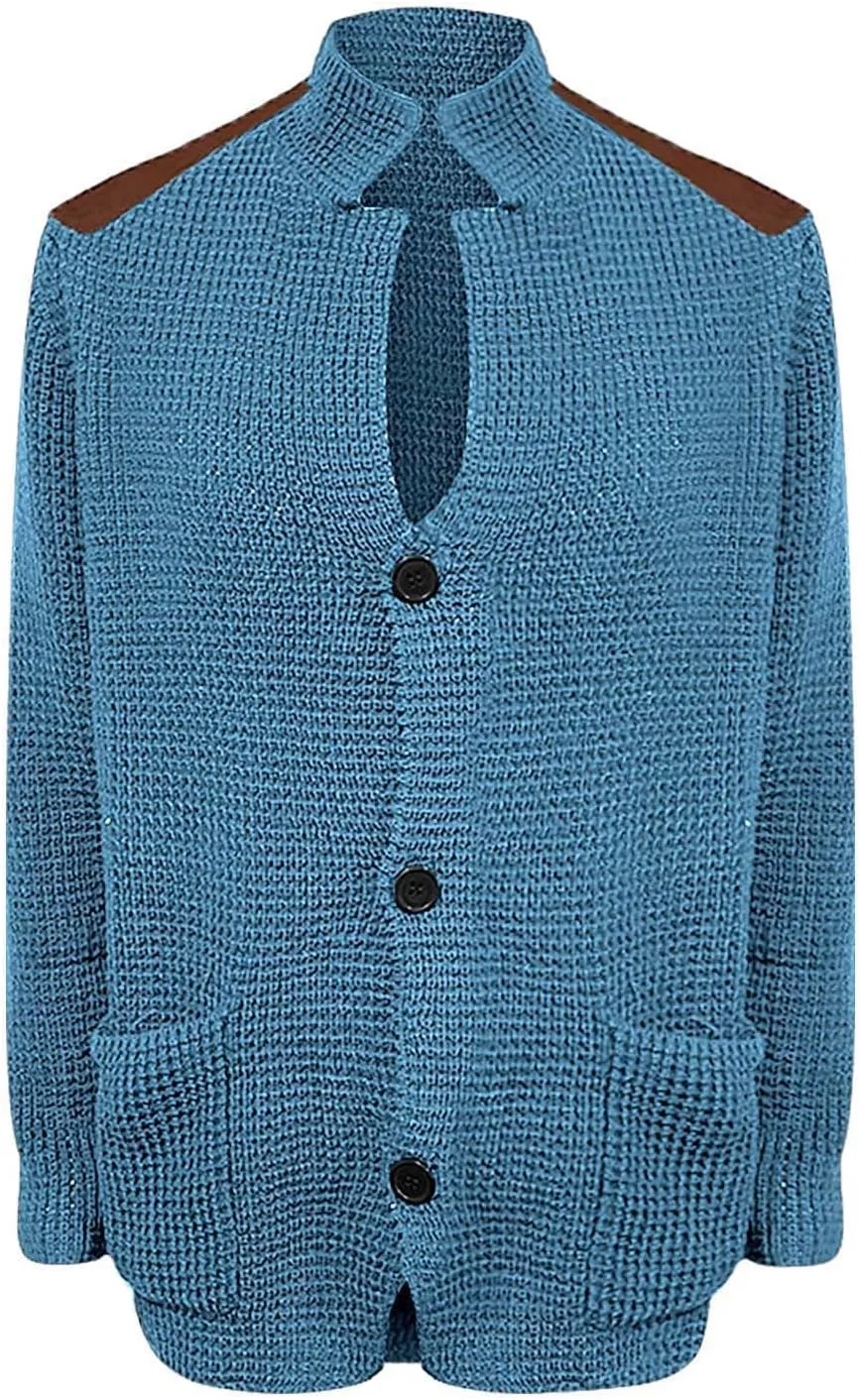 Mens Slim Fit Button Up Patch Cardigan Sweater V Neck Long Sleeve Vintage Cable Knit Cardigan Ribbed Basic Sweater