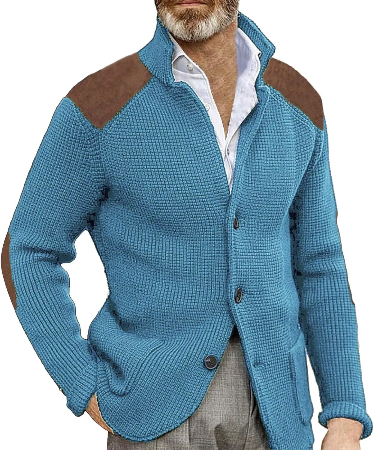 Mens Slim Fit Button Up Patch Cardigan Sweater V Neck Long Sleeve Vintage Cable Knit Cardigan Ribbed Basic Sweater