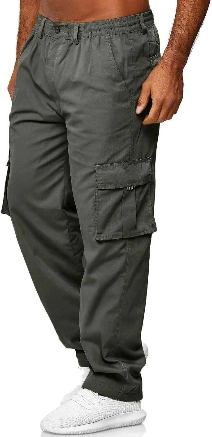 Men's Straight Leg Cargo Pants with Multi Pockets Summer Elastic Waist Relaxed Fit Outdoor Pant Athletic Workout Gym Outfits