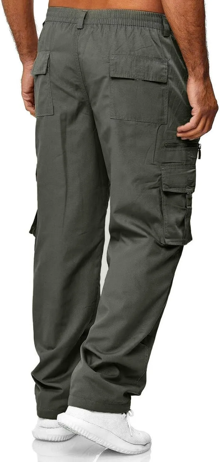 Men's Straight Leg Cargo Pants with Multi Pockets Summer Elastic Waist Relaxed Fit Outdoor Pant Athletic Workout Gym Outfits