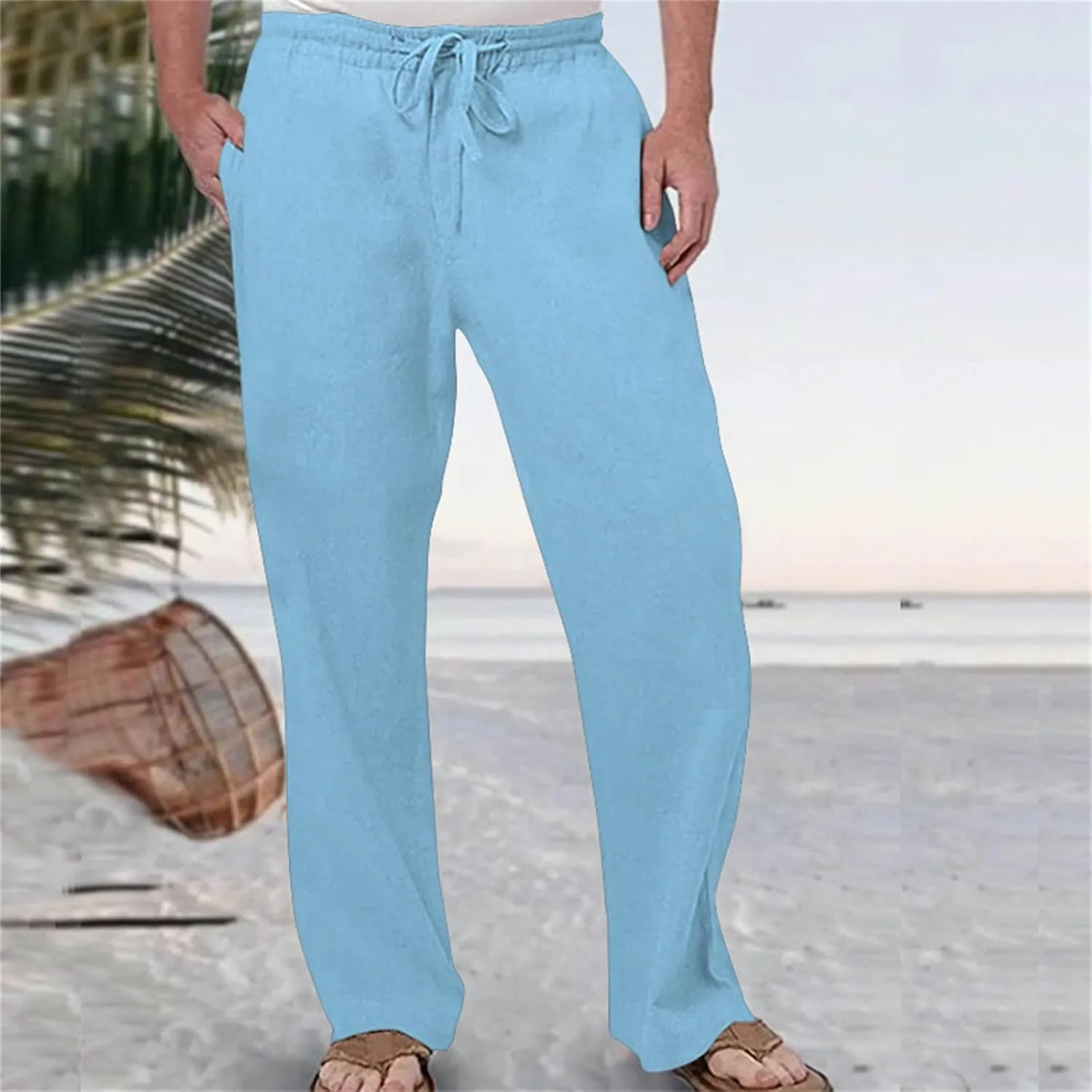 Men's Summer Linen Pants Baggy Straight Leg Trousers Plain Elastic Waist Trousers Casual Travel Pants with Pockets