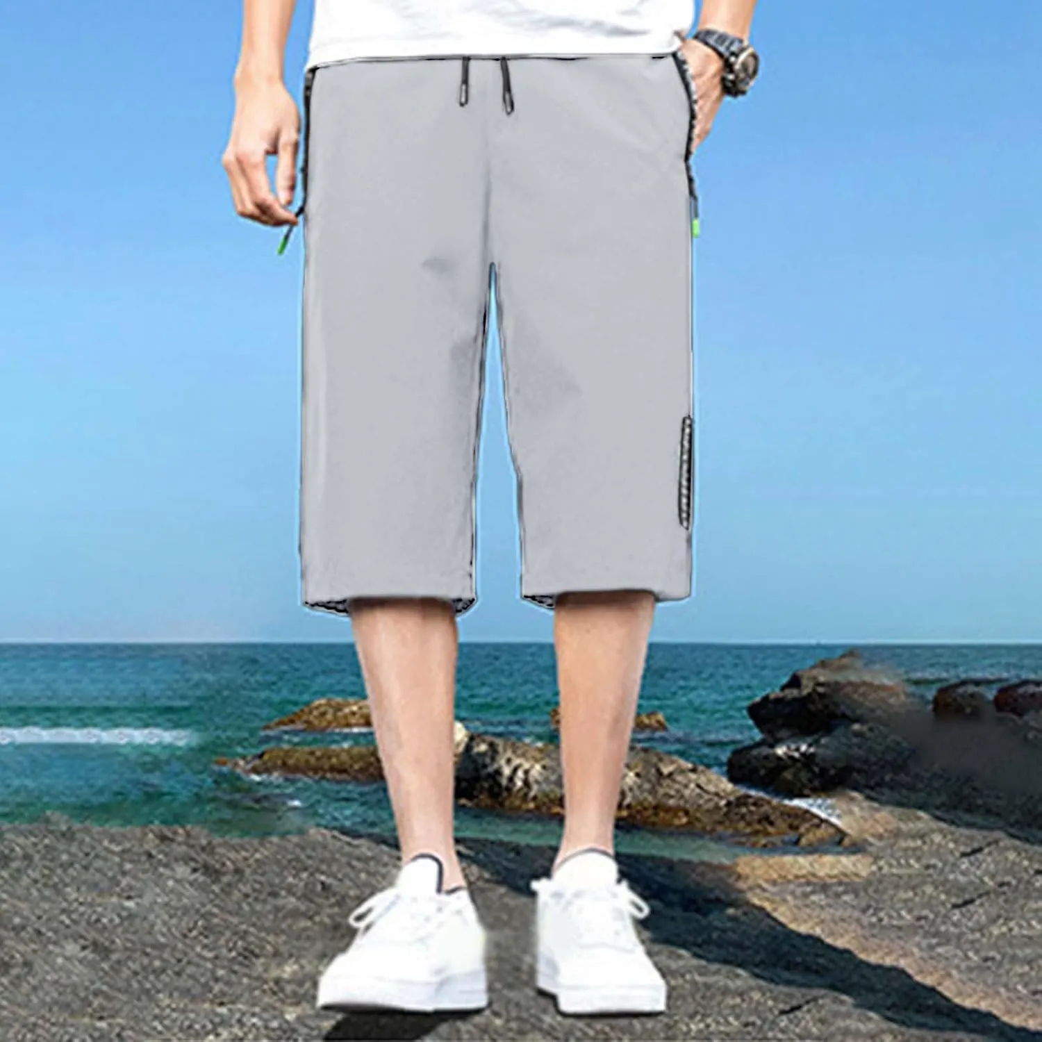 Men's Summer Thin Loose Sports Wear Ice Silk Quick Drying Leisure Beach Capri Pants Nonslip Band Men Pants