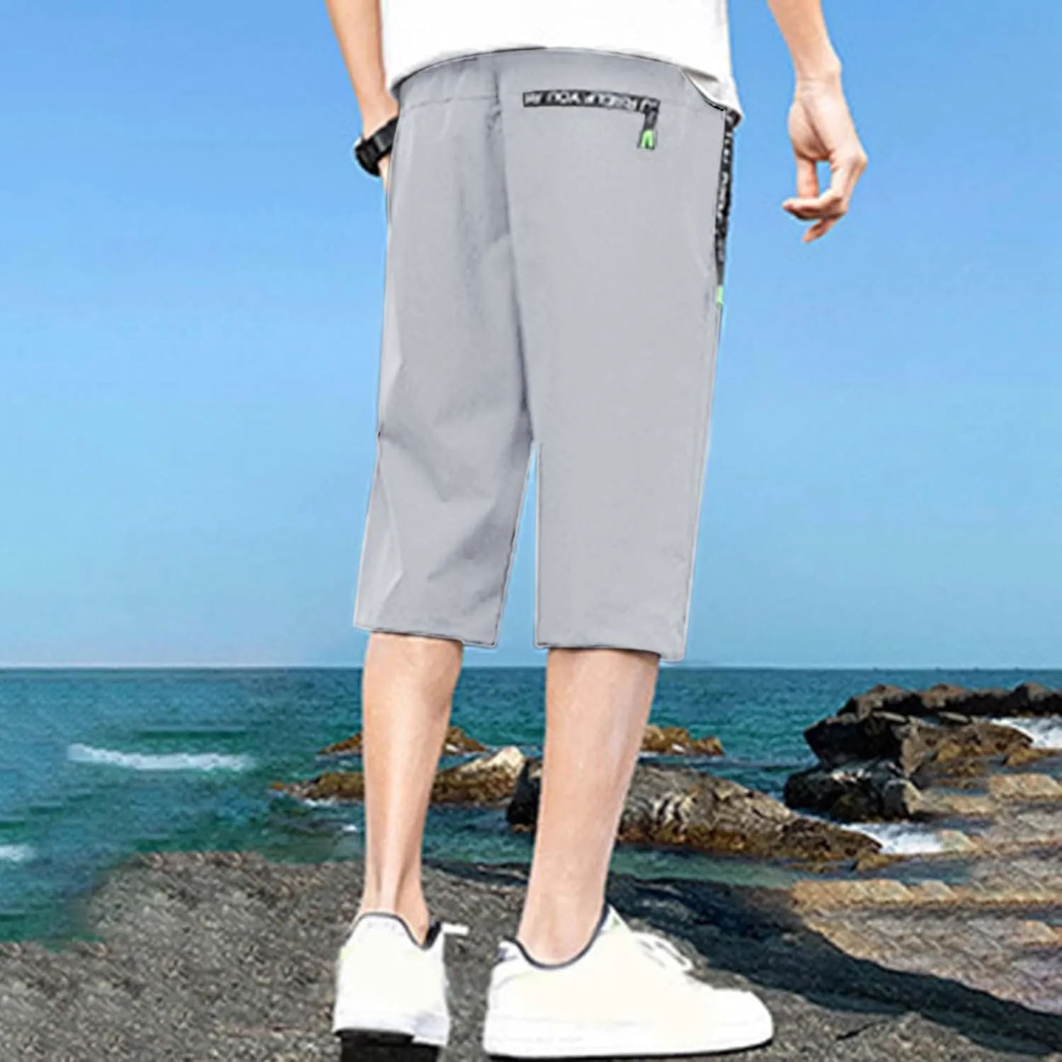 Men's Summer Thin Loose Sports Wear Ice Silk Quick Drying Leisure Beach Capri Pants Nonslip Band Men Pants