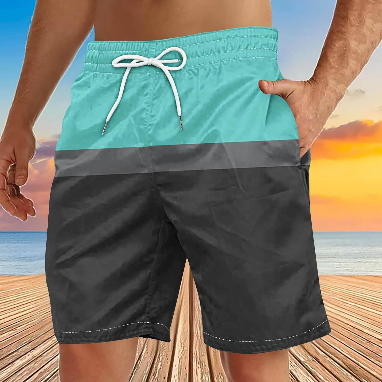 Men's Swim Trunks Casual Color Block Quick-Dry Surf Board Swimwears with Pockets Summer Holiday Hawaiian Beach Shorts