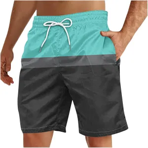 Men's Swim Trunks Casual Color Block Quick-Dry Surf Board Swimwears with Pockets Summer Holiday Hawaiian Beach Shorts