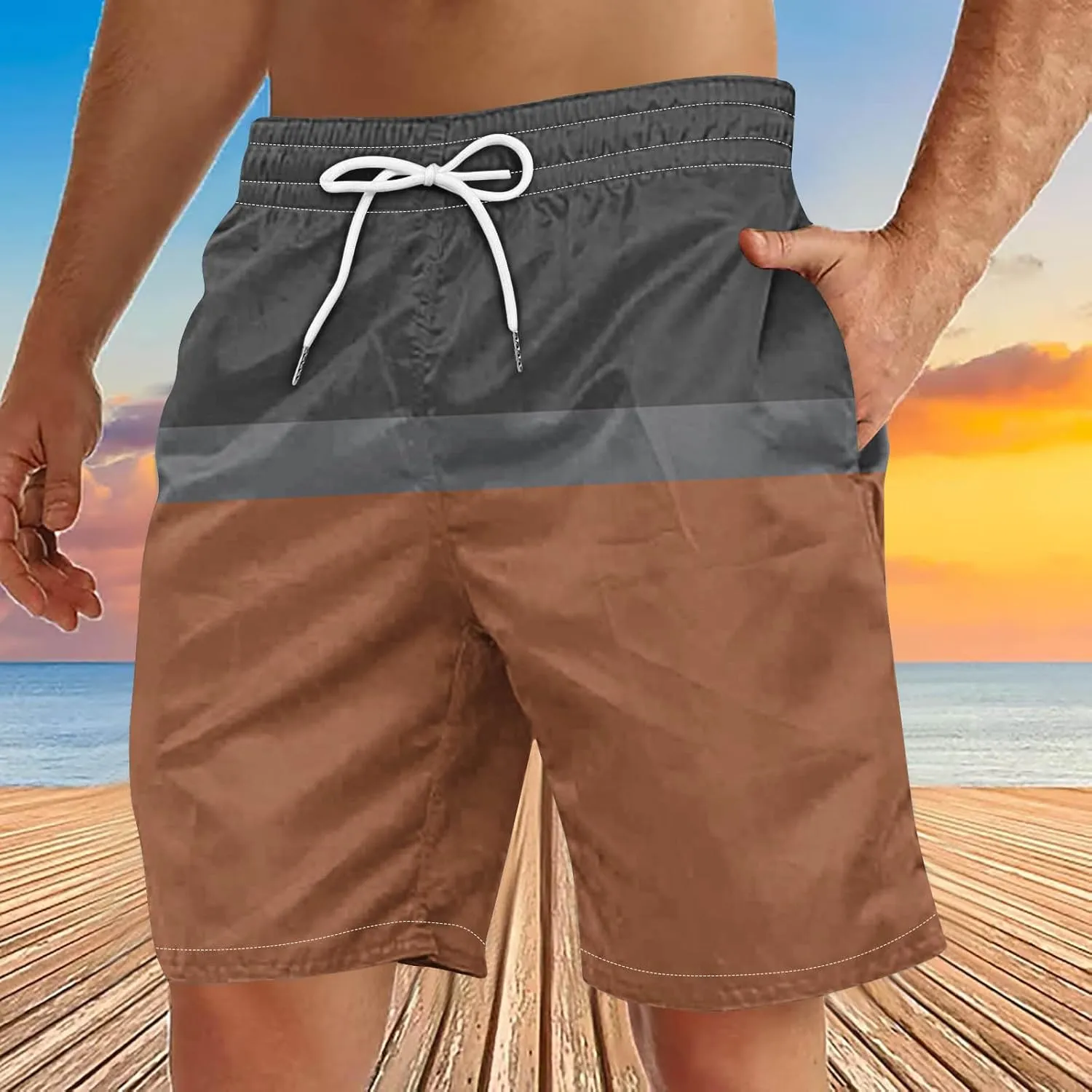 Men's Swim Trunks Casual Color Block Quick-Dry Surf Board Swimwears with Pockets Summer Holiday Hawaiian Beach Shorts