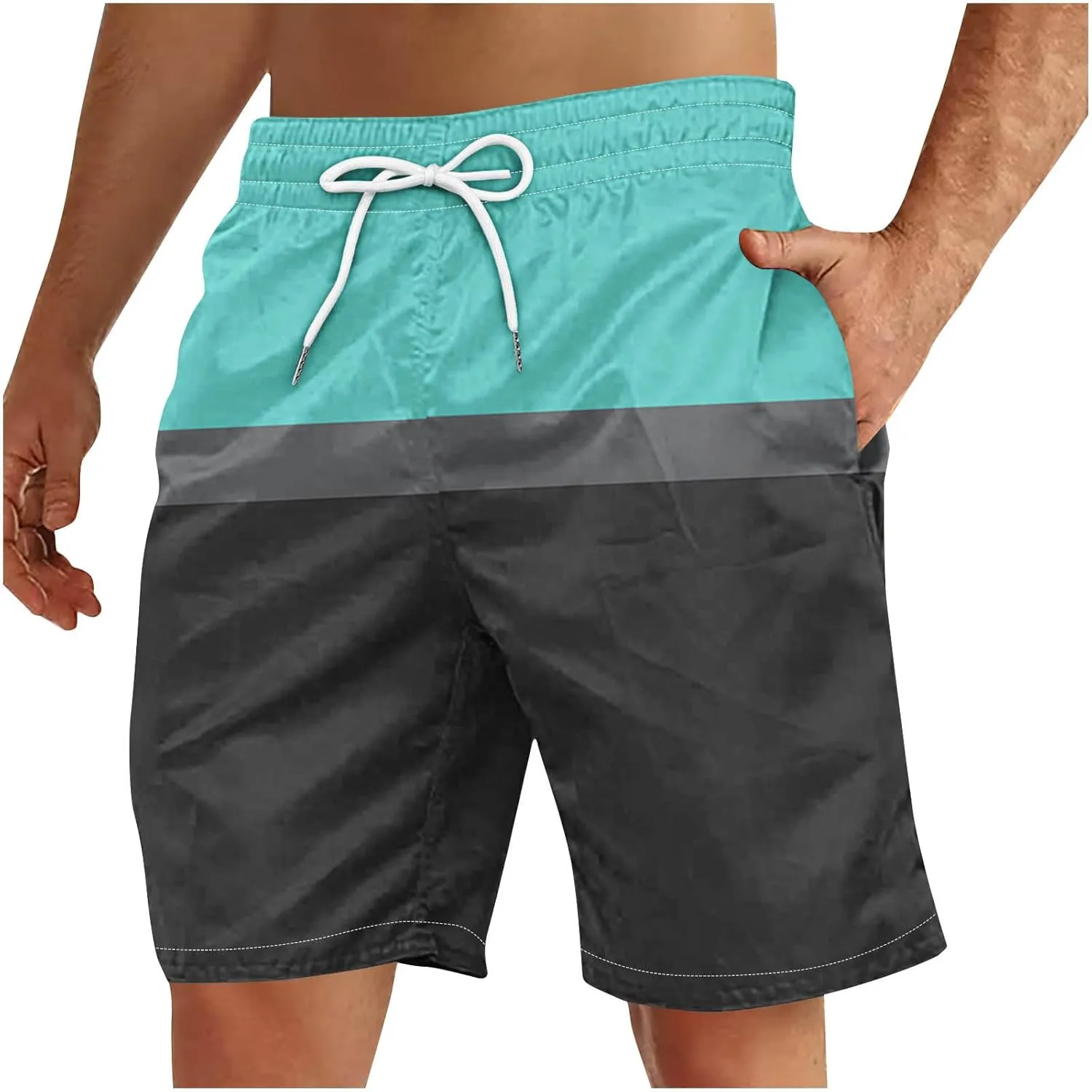 Men's Swim Trunks Casual Color Block Quick-Dry Surf Board Swimwears with Pockets Summer Holiday Hawaiian Beach Shorts