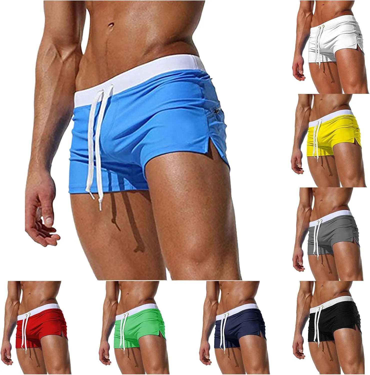 Men's Swim Trunks Color Block Drawstring Shorts Quick Dry Breathable Shorts Summer Beach Trunks with Zipper Pockets