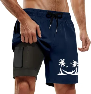 Mens Swim Trunks with Compression Liner 2-in Quick-Dry Board Beach Shorts Drawstring Bathing Suits with Pockets