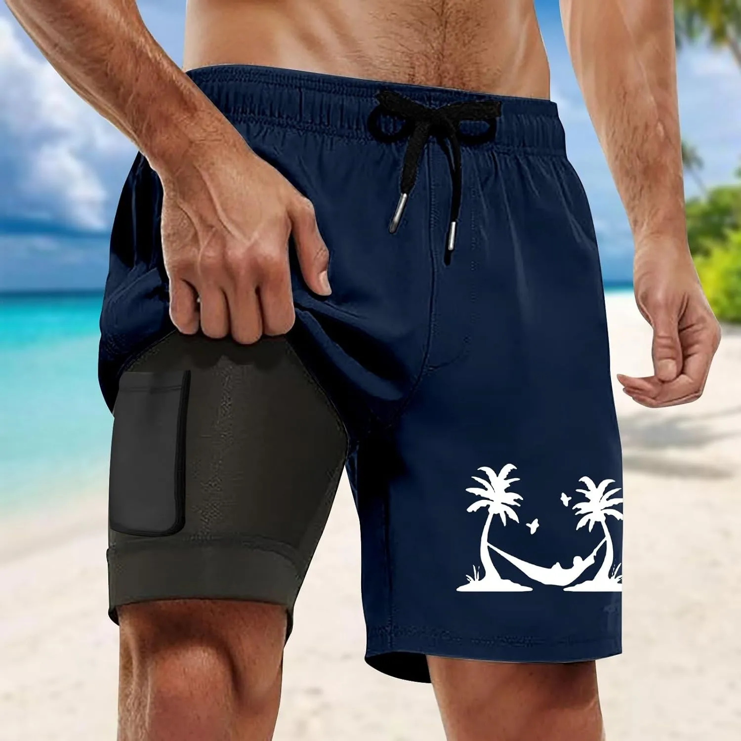 Mens Swim Trunks with Compression Liner 2-in Quick-Dry Board Beach Shorts Drawstring Bathing Suits with Pockets