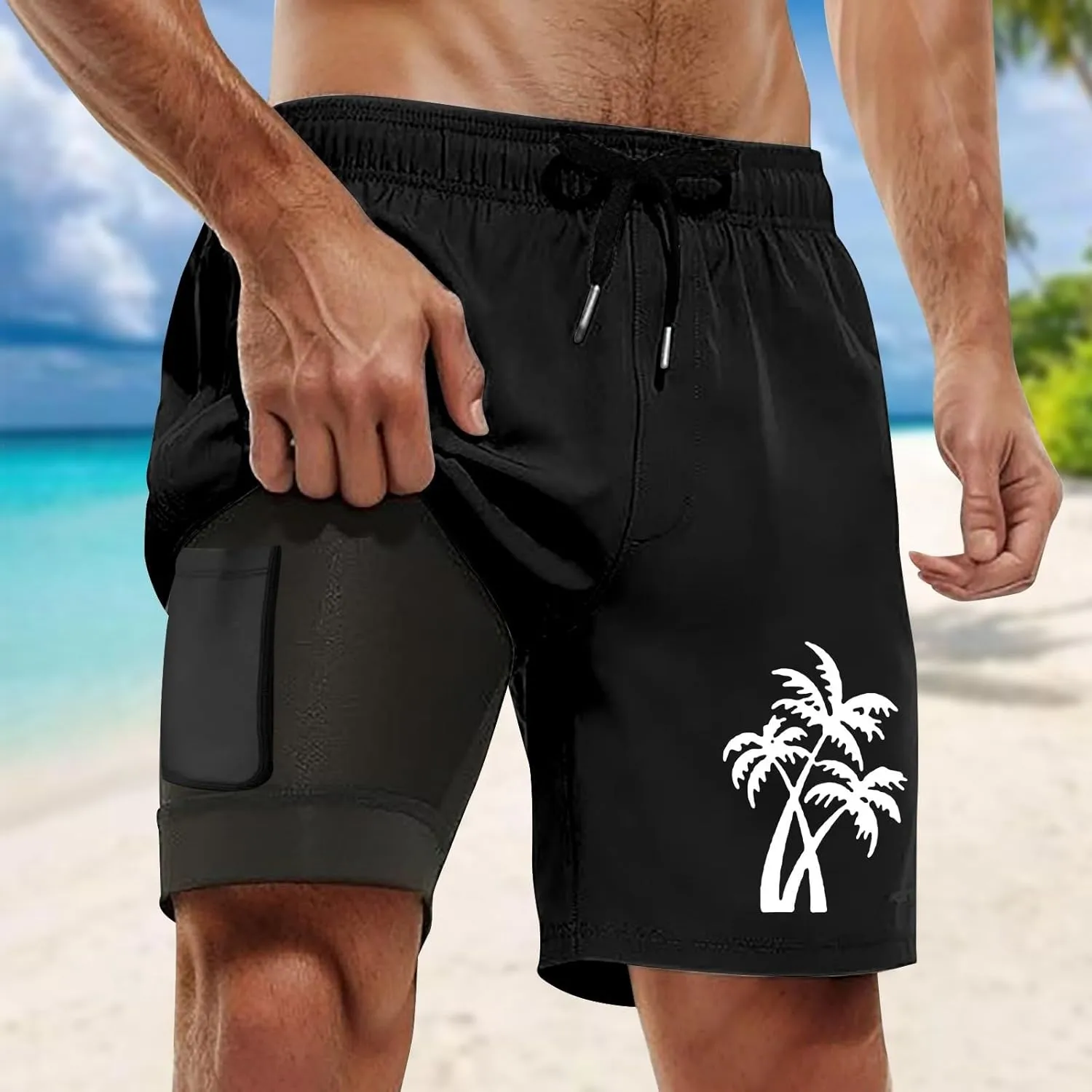 Mens Swim Trunks with Compression Liner 9 Inch Quick Dry Board Shorts Hawaiian Print Swimsuit with Cargo Pockets