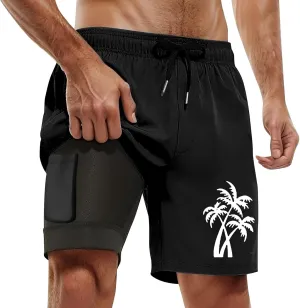 Mens Swim Trunks with Compression Liner 9 Inch Quick Dry Board Shorts Hawaiian Print Swimsuit with Cargo Pockets