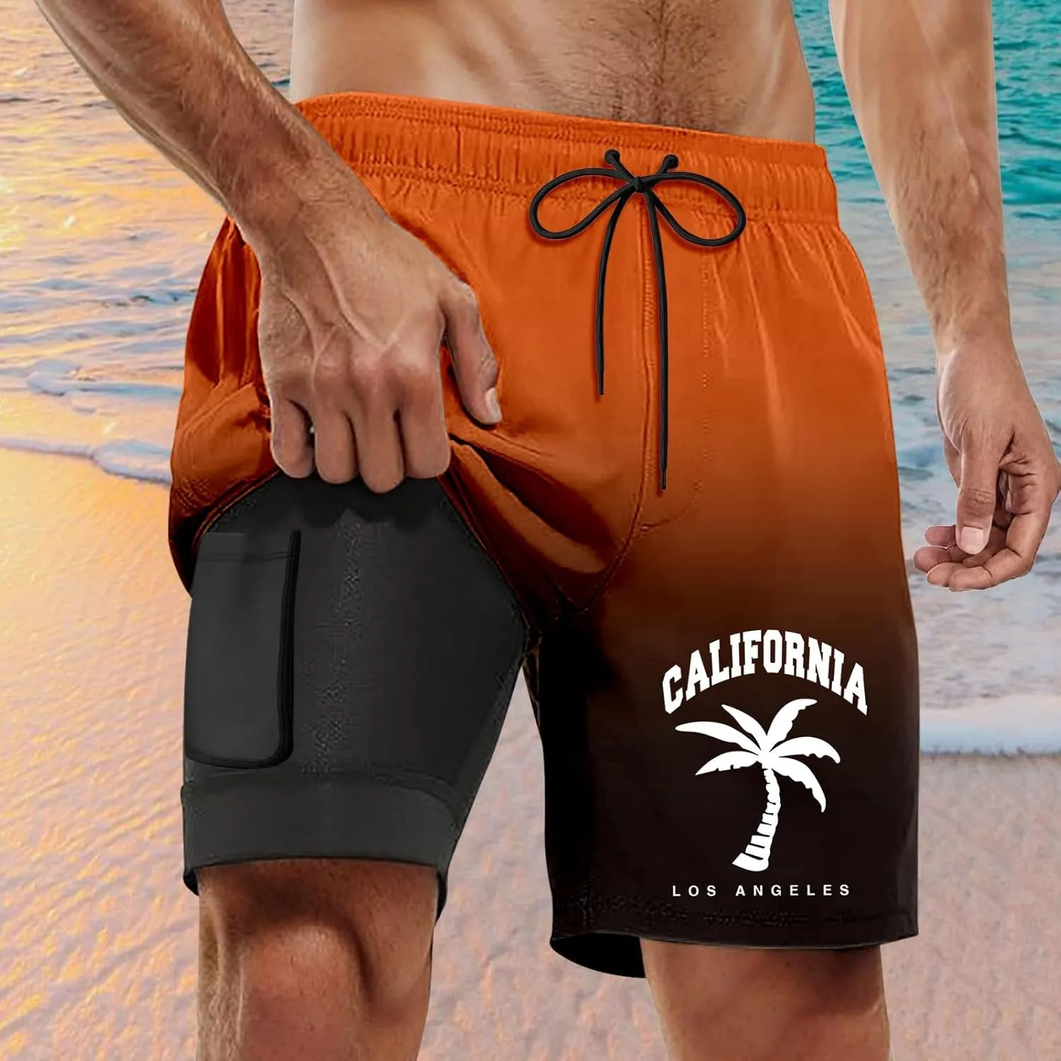 Mens Swim Trunks with Compression Liner California Print Quick-Dry Swimwear Drawstring Bathing Suits with Pockets