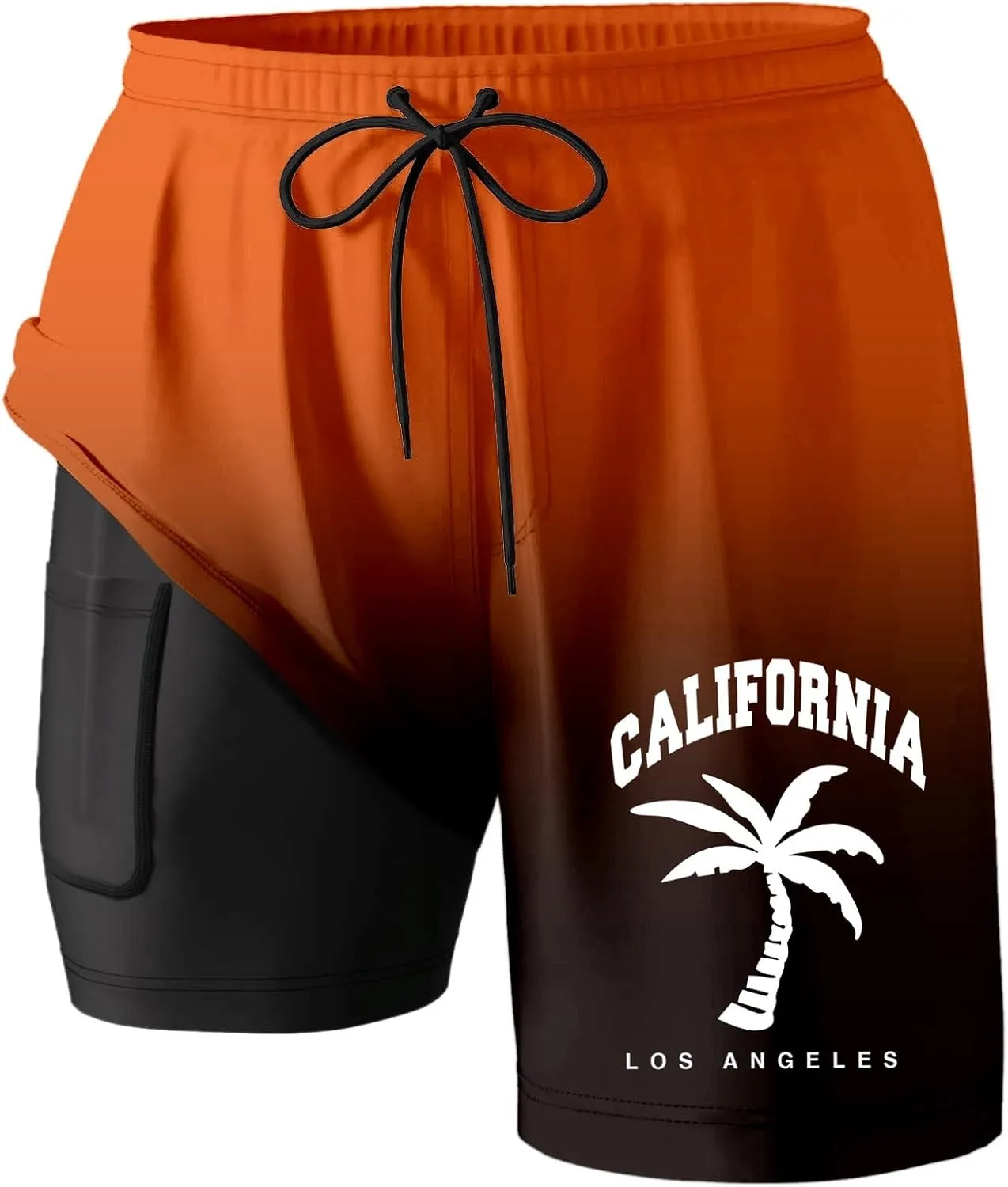 Mens Swim Trunks with Compression Liner California Print Quick-Dry Swimwear Drawstring Bathing Suits with Pockets