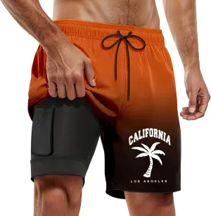 Mens Swim Trunks with Compression Liner California Print Quick-Dry Swimwear Drawstring Bathing Suits with Pockets