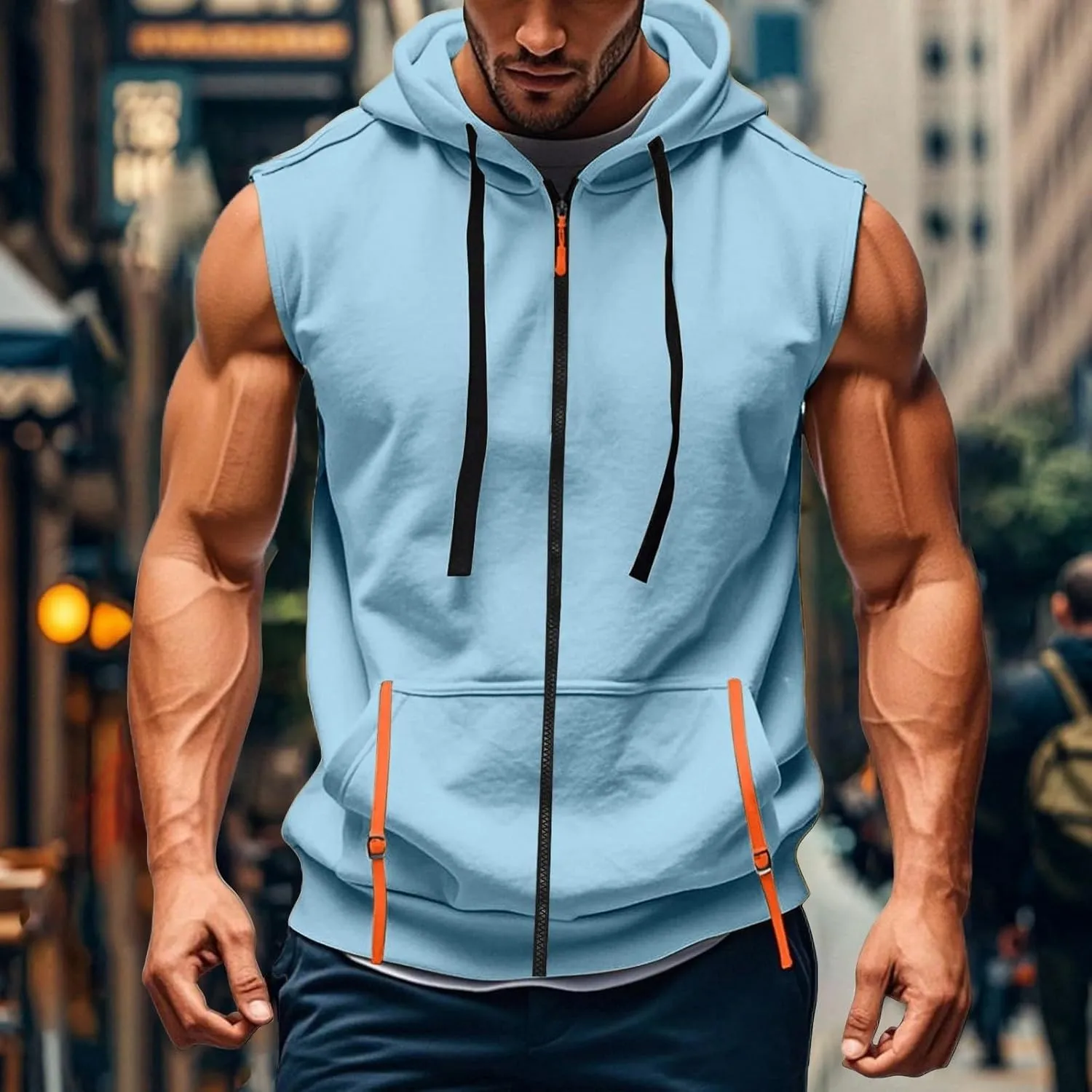 Men's Workout Hooded Tank Tops Zip Up Sleeveless Muscle Cut Off Shirts Bodybuilding Gym Athletic Sweat Shirt Vests