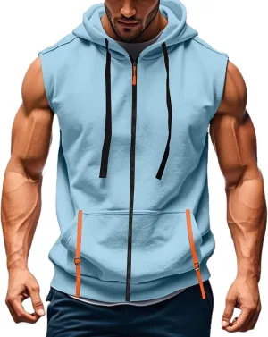 Men's Workout Hooded Tank Tops Zip Up Sleeveless Muscle Cut Off Shirts Bodybuilding Gym Athletic Sweat Shirt Vests