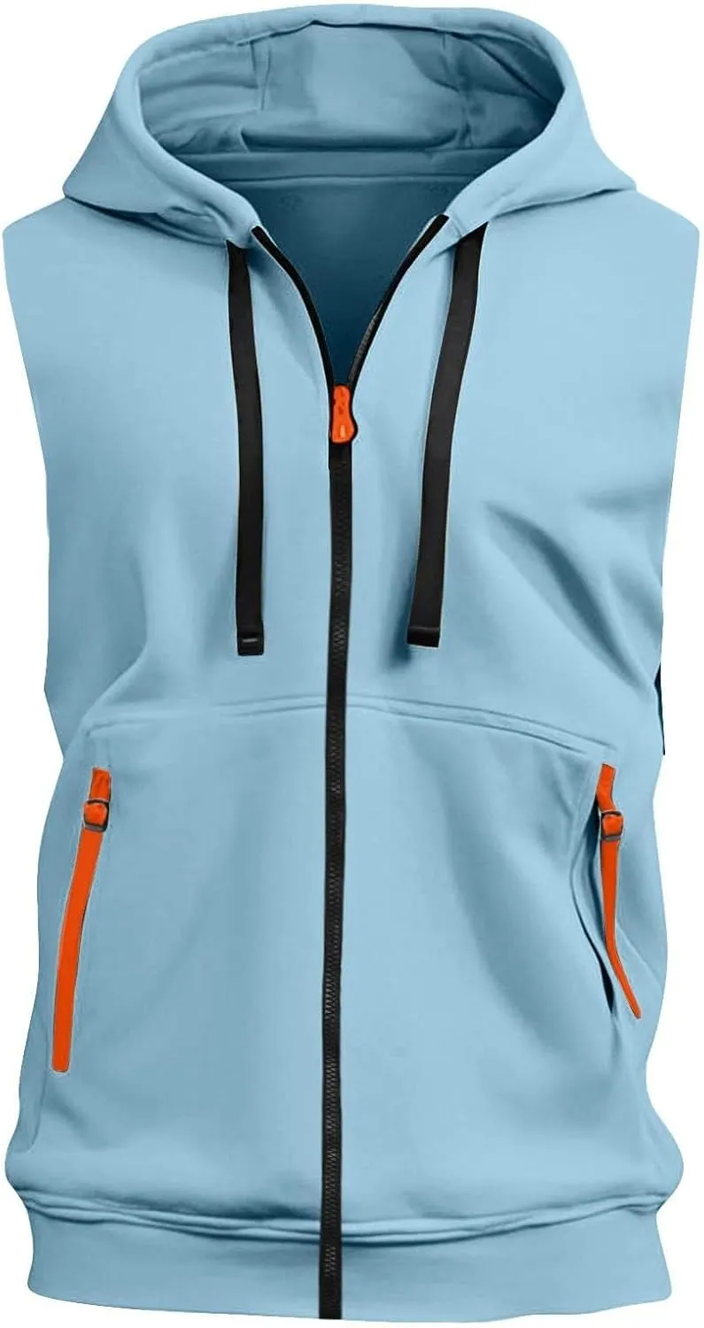 Men's Workout Hooded Tank Tops Zip Up Sleeveless Muscle Cut Off Shirts Bodybuilding Gym Athletic Sweat Shirt Vests