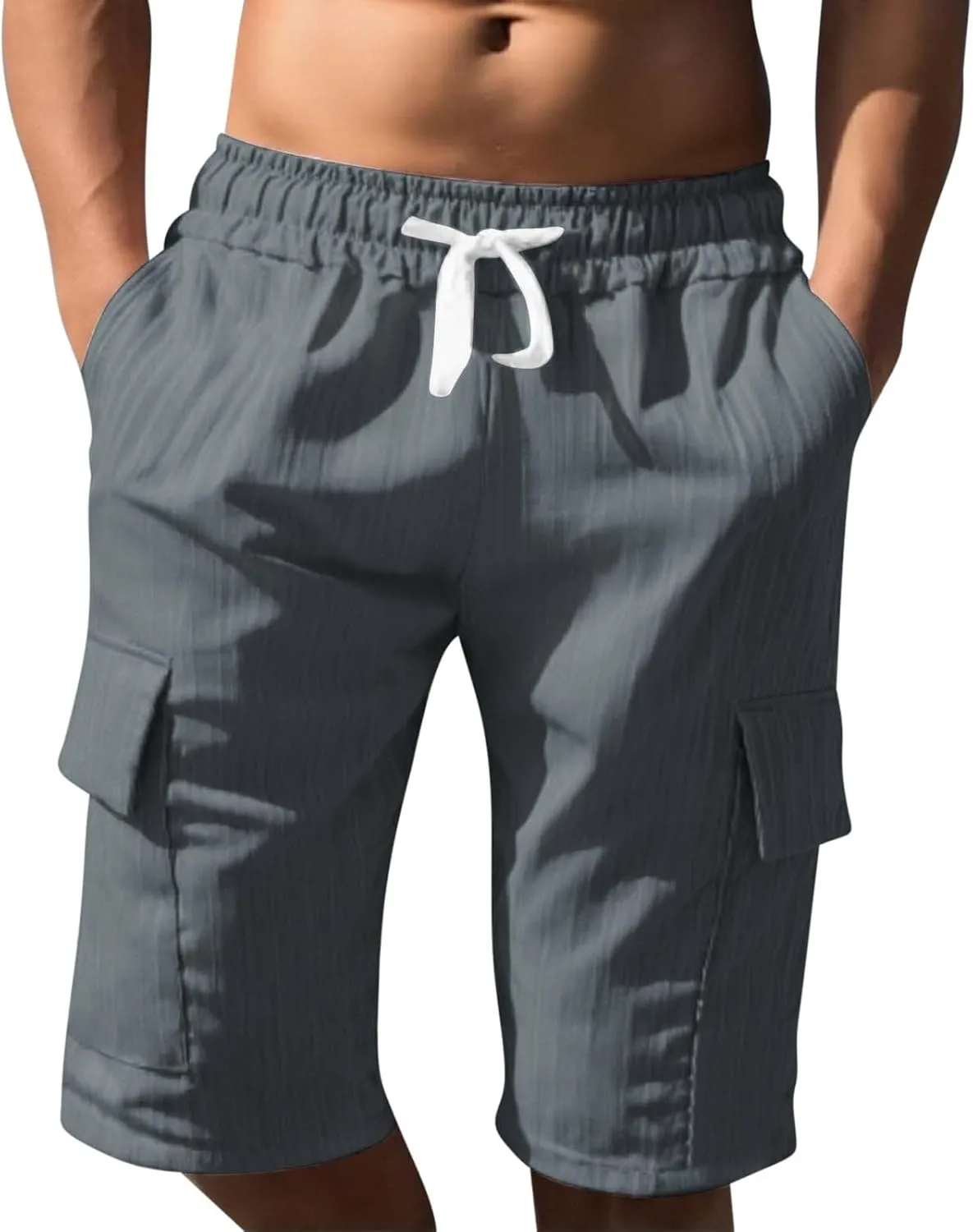 Mens Workout Shorts Elastic Waist Comfy Cargo Short Pants with Multiple Pockets Drawstring Flowy Casual Shorts