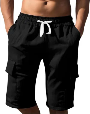 Mens Workout Shorts Elastic Waist Comfy Cargo Short Pants with Multiple Pockets Drawstring Flowy Casual Shorts