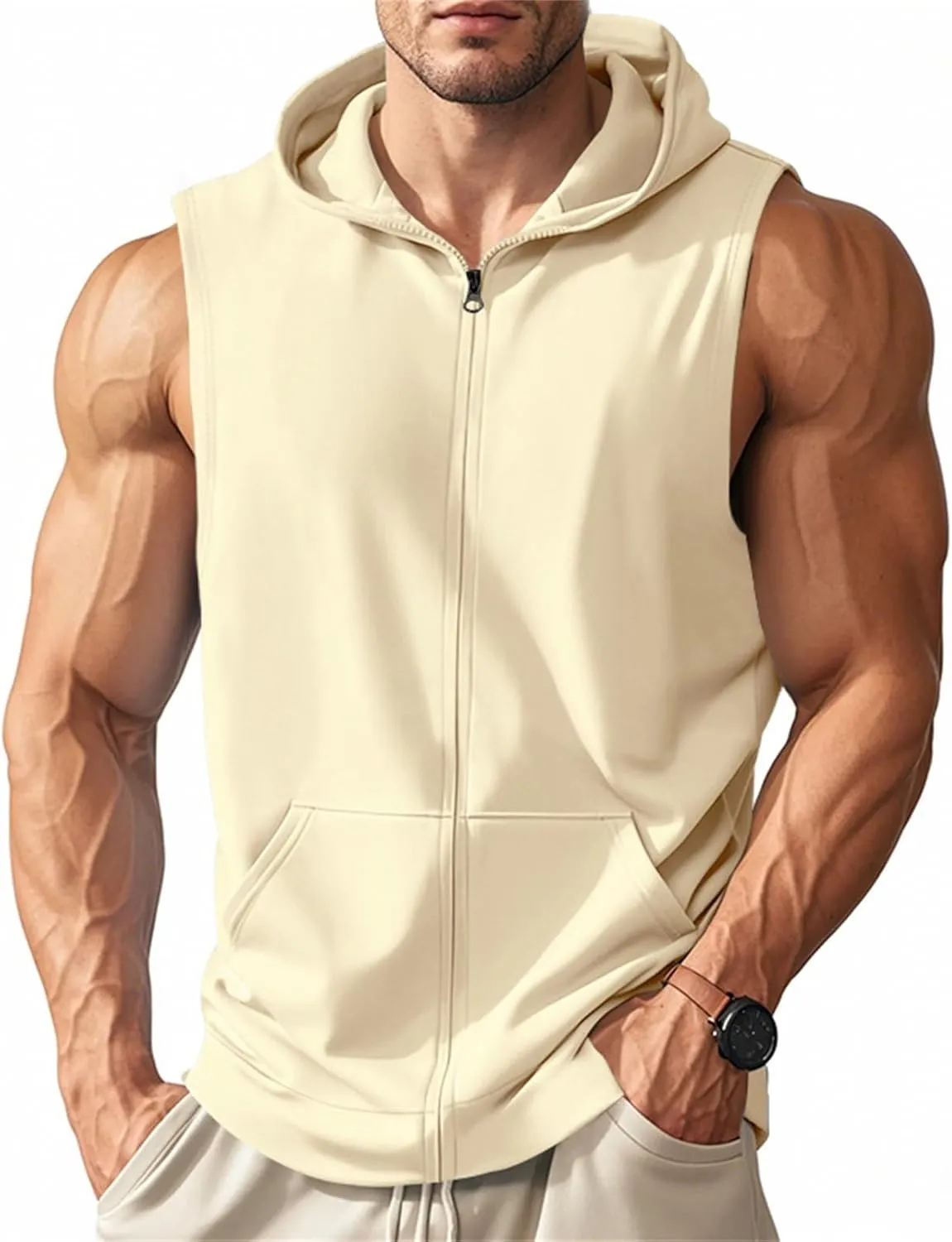 Men's Workout Tank Tops Athletic Gym Bodybuilding Full Zip Sleeveless Shirts Vest Stretch Fitness Muscle Cut Off Shirt