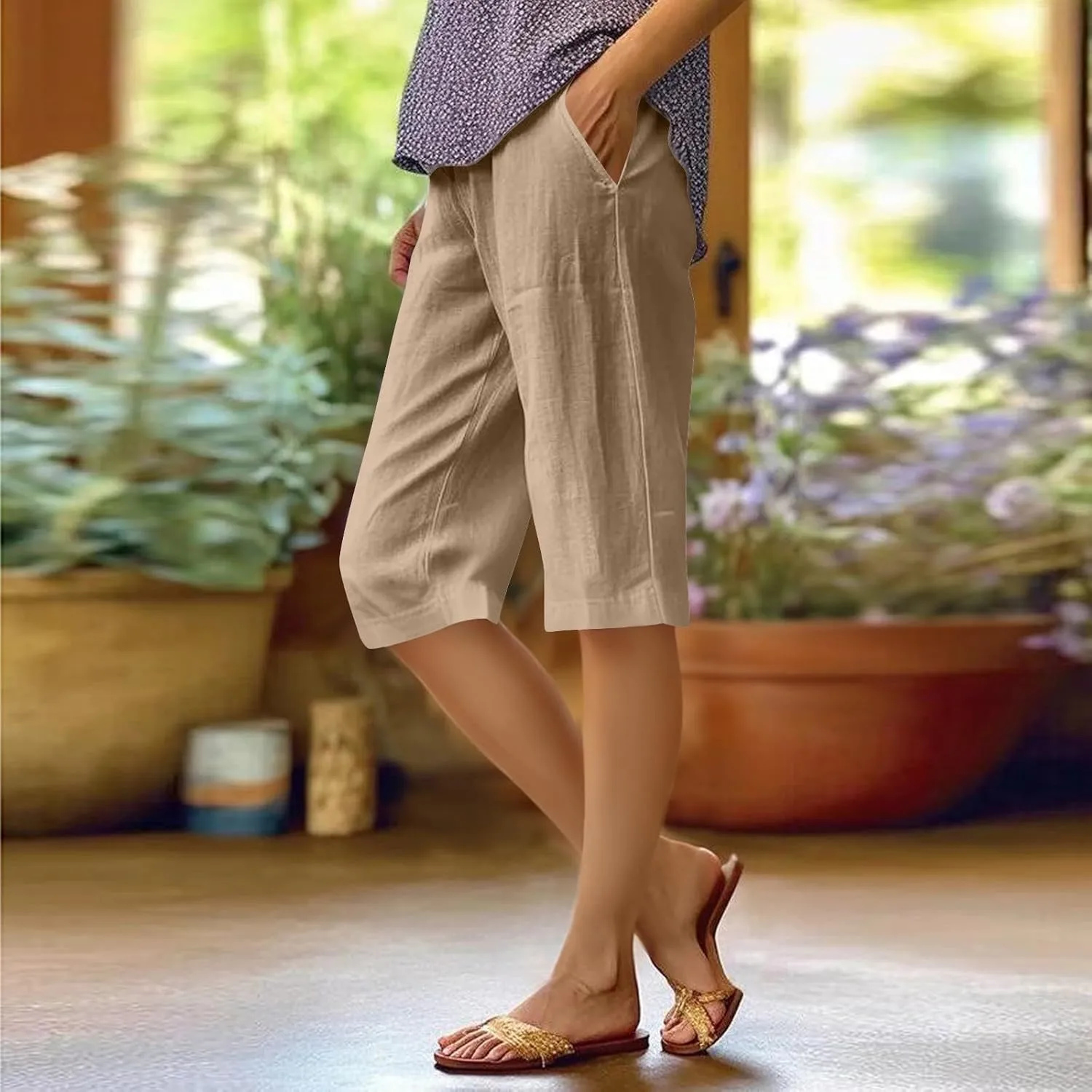 midelxp Linen Bermuda Shorts for Women High Waisted Summer-Shorts Loose Lightweight Knee Length Beach-Shorts with Pockets