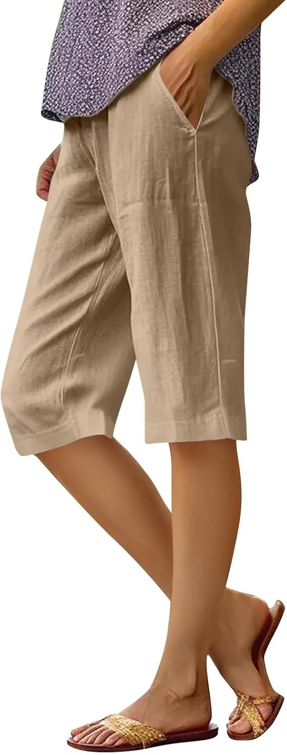 midelxp Linen Bermuda Shorts for Women High Waisted Summer-Shorts Loose Lightweight Knee Length Beach-Shorts with Pockets
