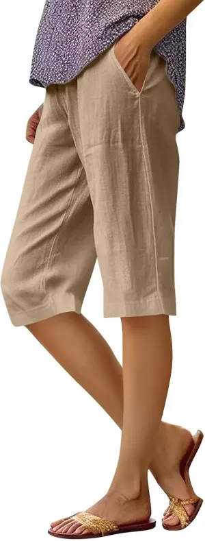 midelxp Linen Bermuda Shorts for Women High Waisted Summer-Shorts Loose Lightweight Knee Length Beach-Shorts with Pockets